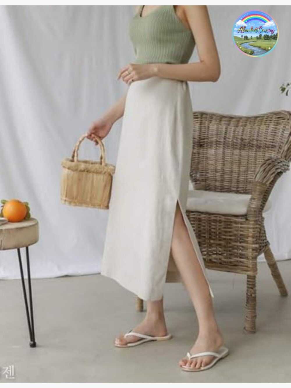 High Waisted Straight Cotton Linen Long Skirt with Slit - Picture 5 of 6